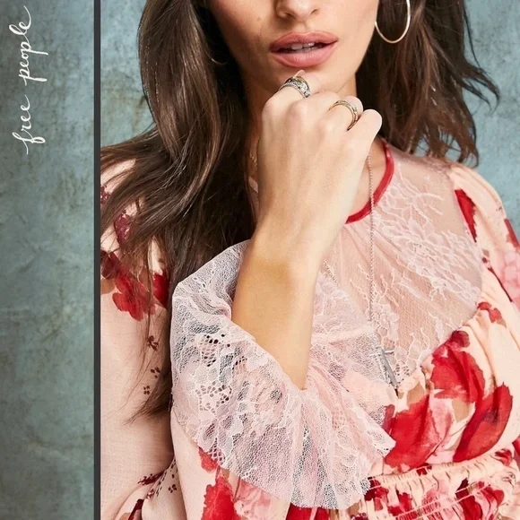 FREE PEOPLE Daphne Rose/Floral Long Sleeve Sheer Lace Ruched Blouse-Sm NWT - Picture 11 of 16